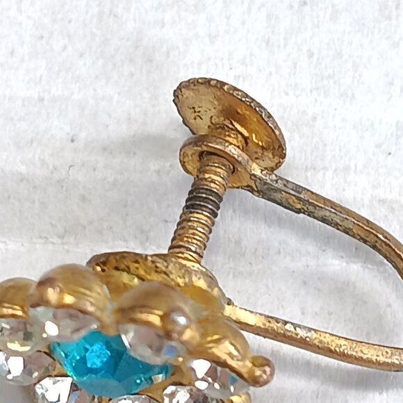 Vintage Rhinestone Flower Gold Tone Stud Screw Back Earrings-December Birthstone - Picture 7 of 8